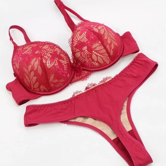 Dainafang Deep Red with Satin Lace and Fine Silver Stitching Bra and Panty set - Picture 3 of 13